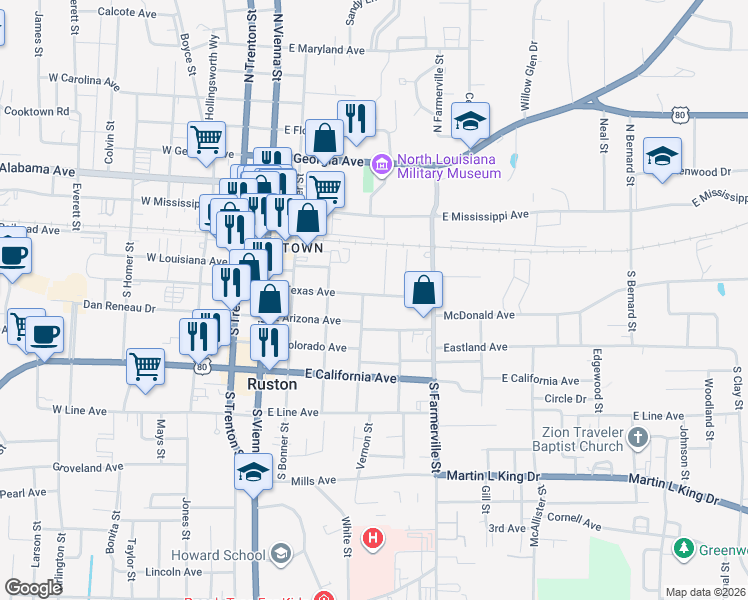 map of restaurants, bars, coffee shops, grocery stores, and more near 307 Vernon Street in Ruston