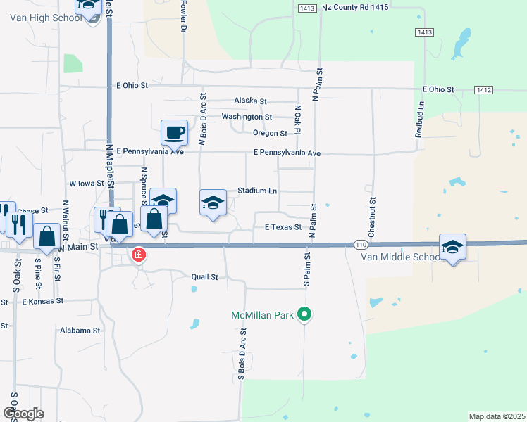 map of restaurants, bars, coffee shops, grocery stores, and more near 209 Olive Street in Van