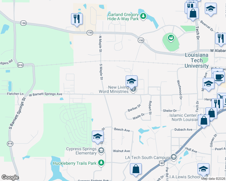map of restaurants, bars, coffee shops, grocery stores, and more near 2100 West Barnett Springs Avenue in Ruston