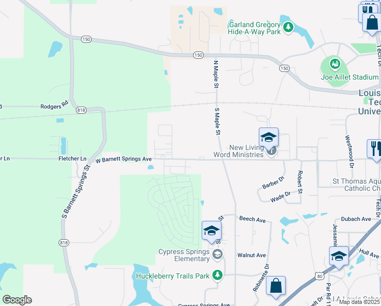 map of restaurants, bars, coffee shops, grocery stores, and more near 2408 West Barnett Springs Avenue in Ruston