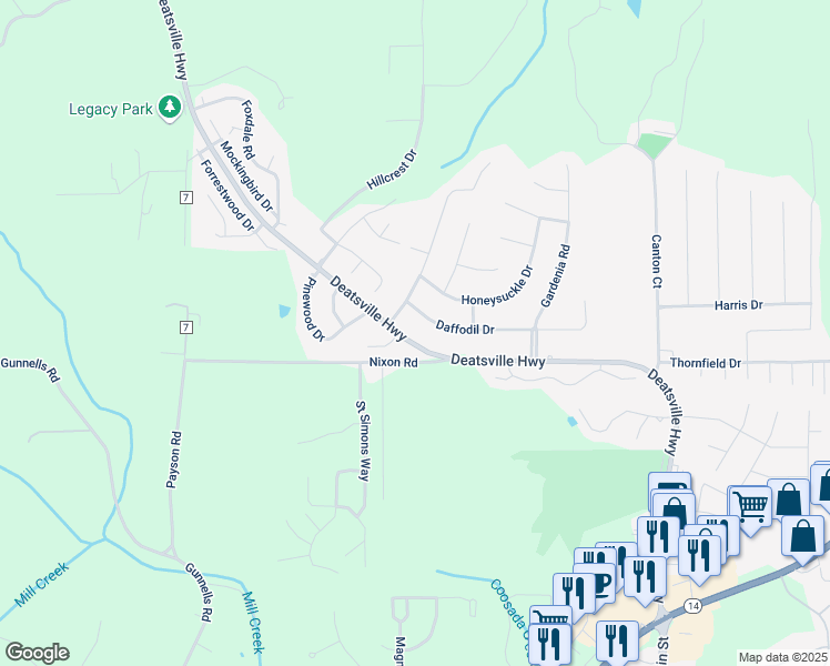 map of restaurants, bars, coffee shops, grocery stores, and more near 1128 Deatsville Highway in Millbrook