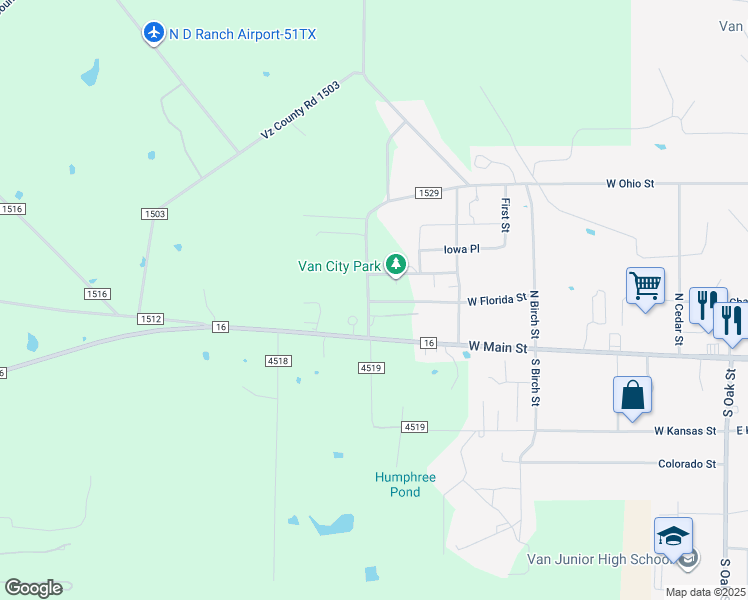 map of restaurants, bars, coffee shops, grocery stores, and more near 210 County Road 4519 in Van
