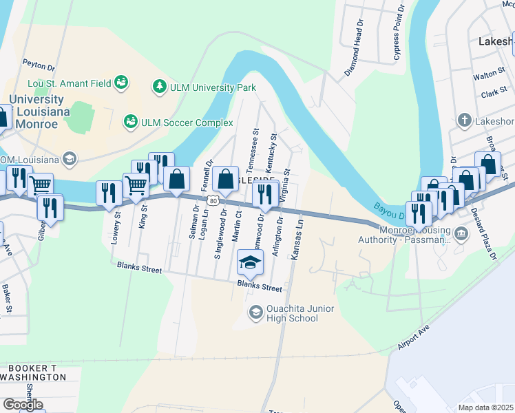 map of restaurants, bars, coffee shops, grocery stores, and more near 5790 Desiard St in Monroe