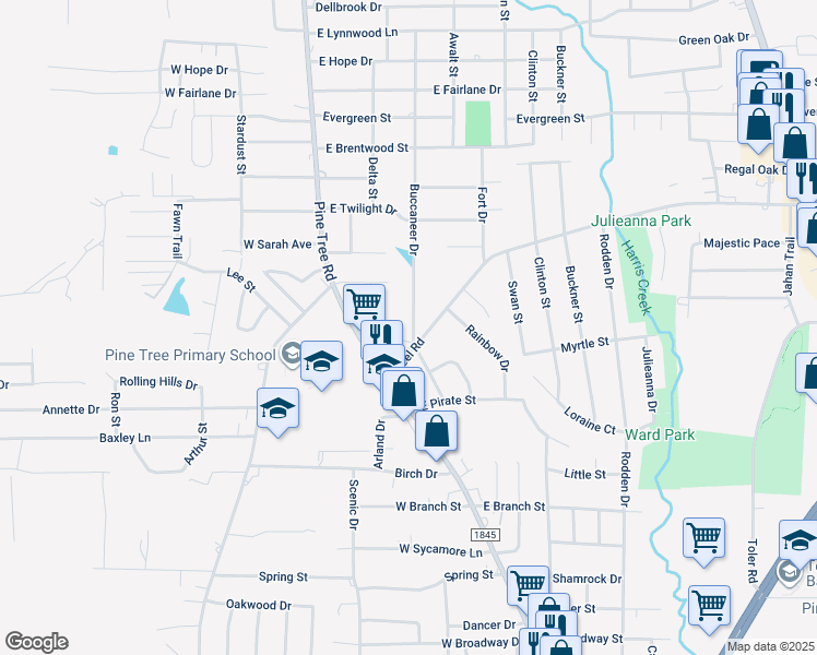 map of restaurants, bars, coffee shops, grocery stores, and more near 1803 Buccaneer Drive in Longview