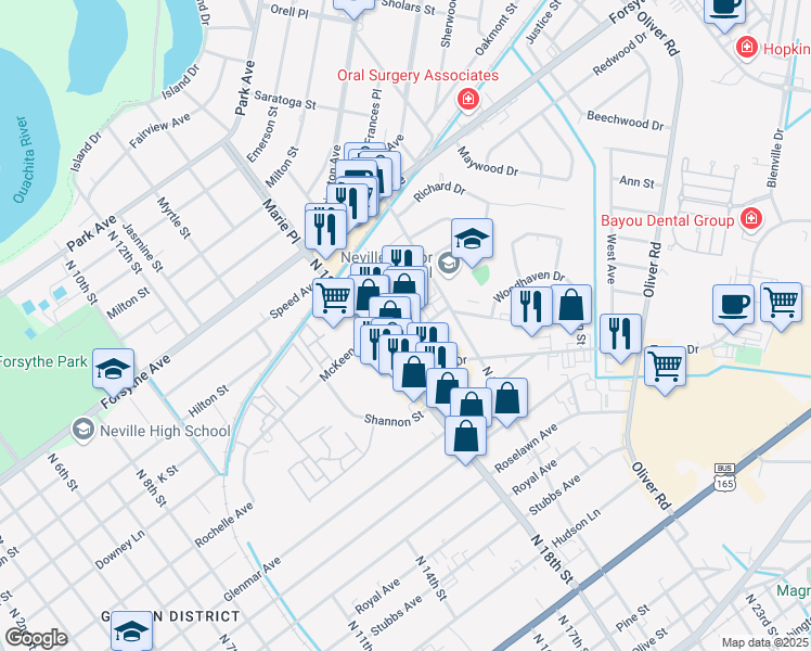 map of restaurants, bars, coffee shops, grocery stores, and more near 1815 Avenue of America in Monroe