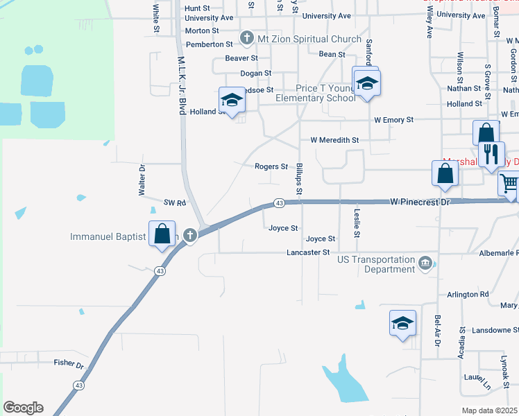 map of restaurants, bars, coffee shops, grocery stores, and more near 2107 W Pinecrest Dr in Marshall