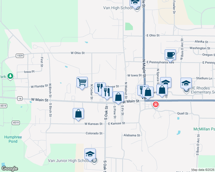 map of restaurants, bars, coffee shops, grocery stores, and more near 101-133 North Oak Street in Van