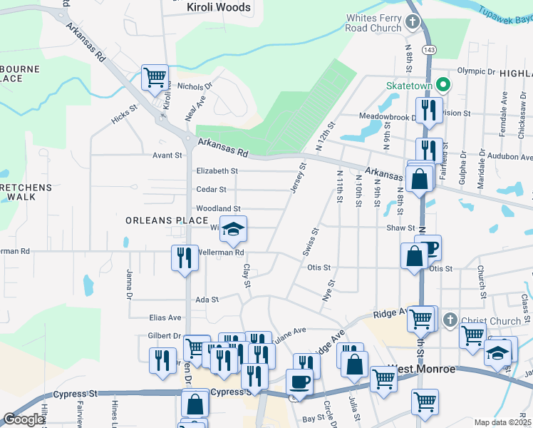 map of restaurants, bars, coffee shops, grocery stores, and more near 1408 Willis Street in West Monroe