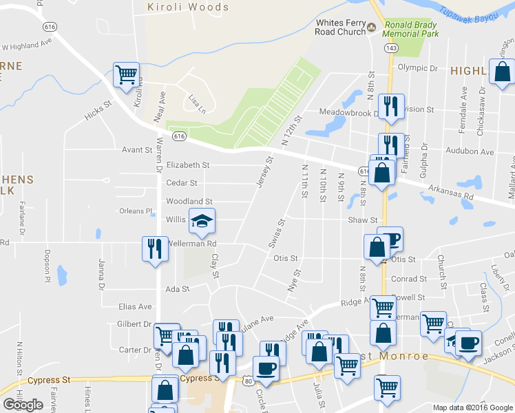 map of restaurants, bars, coffee shops, grocery stores, and more near 2616 Jersey Street in West Monroe