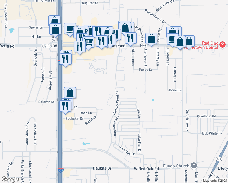 map of restaurants, bars, coffee shops, grocery stores, and more near 145 Hickory Creek Drive in Red Oak