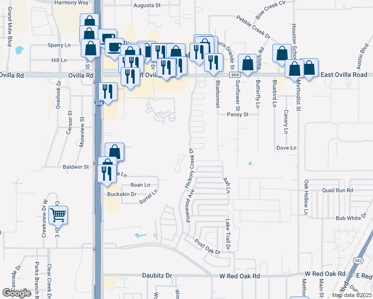 map of restaurants, bars, coffee shops, grocery stores, and more near 145 Hickory Creek Drive in Red Oak