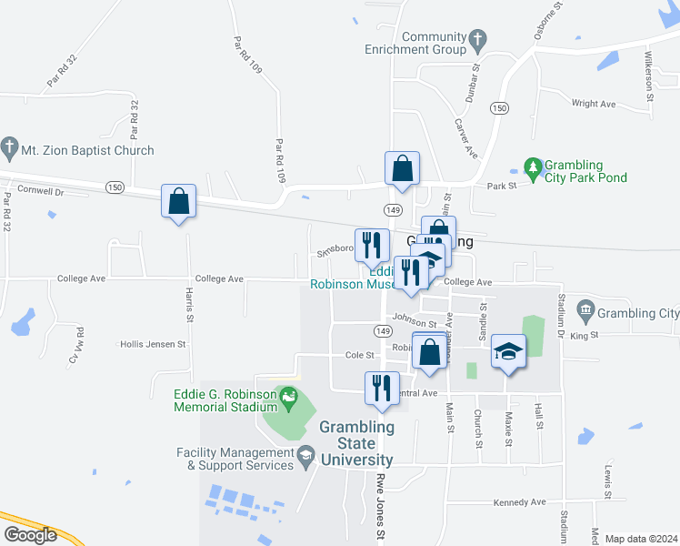 map of restaurants, bars, coffee shops, grocery stores, and more near 132 Wilson Street in Grambling