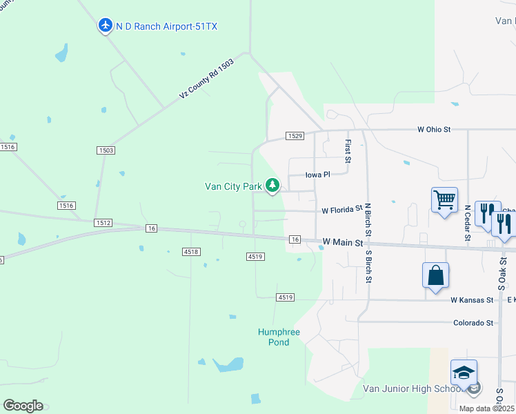 map of restaurants, bars, coffee shops, grocery stores, and more near 210 County Road 4519 in Van