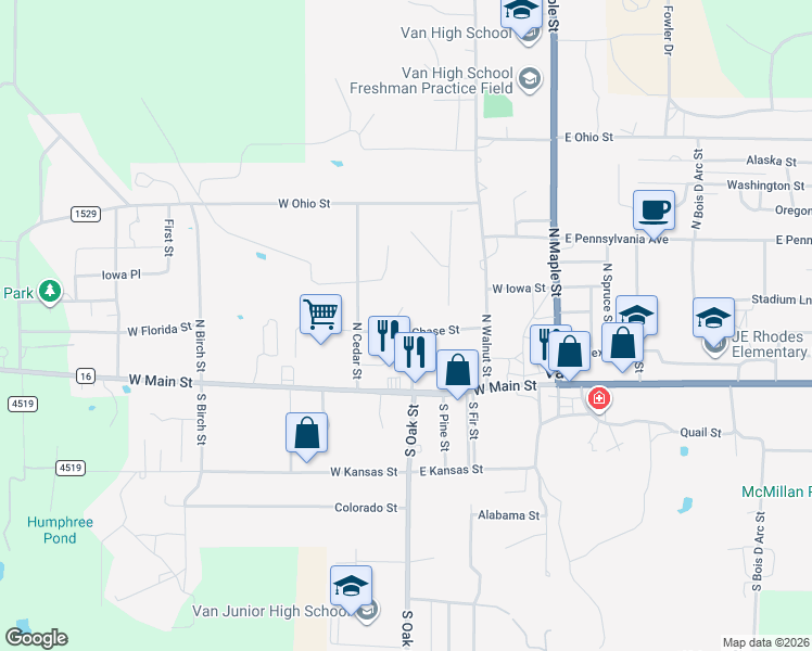 map of restaurants, bars, coffee shops, grocery stores, and more near 369 Pine Chase Street in Van
