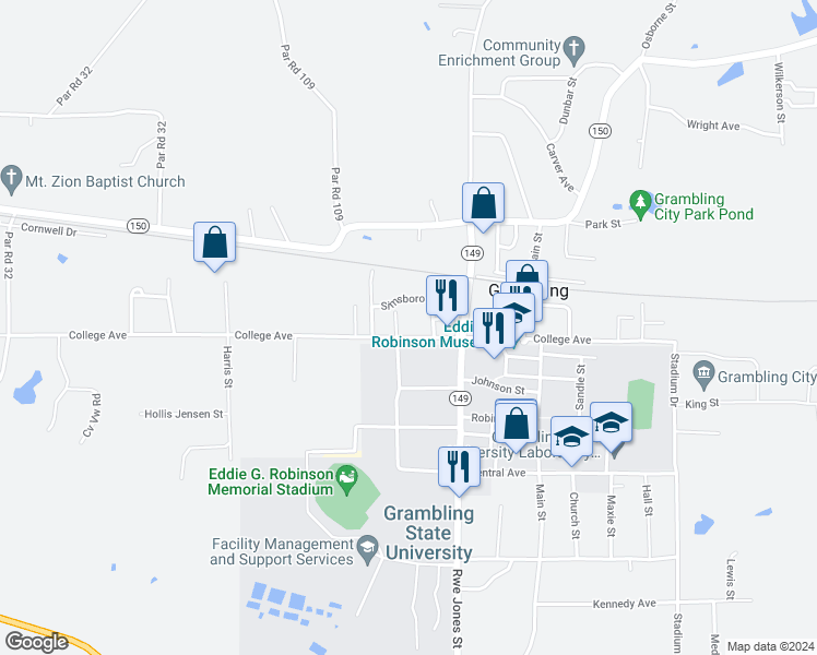 map of restaurants, bars, coffee shops, grocery stores, and more near 134 Wilson Street in Grambling