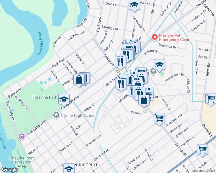 map of restaurants, bars, coffee shops, grocery stores, and more near 1402 Speed Ave in Monroe