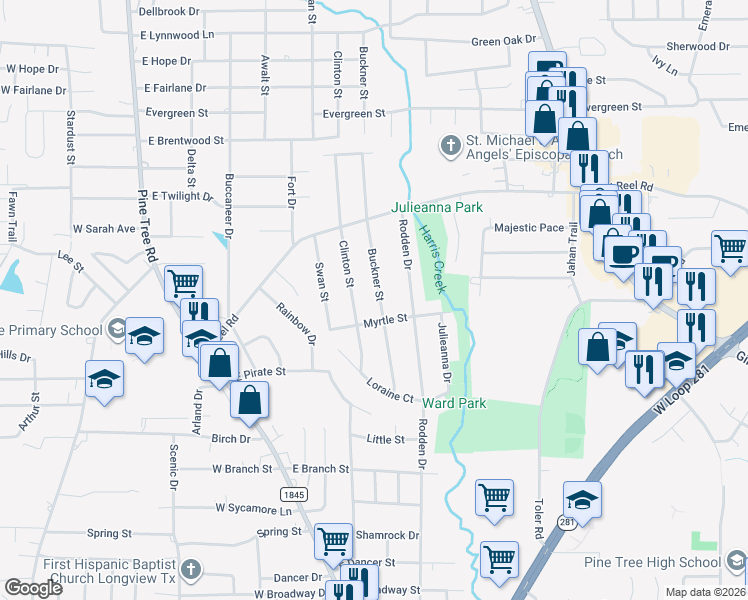 map of restaurants, bars, coffee shops, grocery stores, and more near 1800 Buckner Drive in Longview