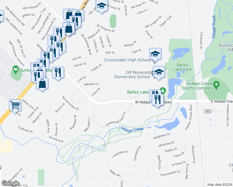 map of restaurants, bars, coffee shops, grocery stores, and more near 705 Sue Ann Lane in Burleson