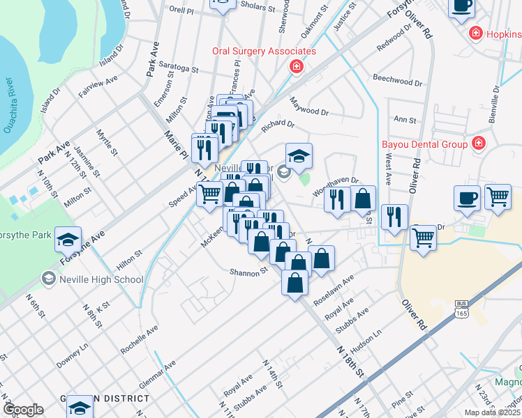 map of restaurants, bars, coffee shops, grocery stores, and more near 1815 Avenue of America in Monroe