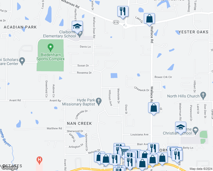 map of restaurants, bars, coffee shops, grocery stores, and more near 244 Westside Drive in West Monroe