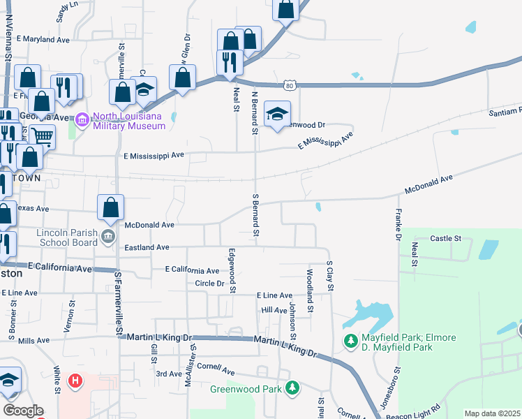 map of restaurants, bars, coffee shops, grocery stores, and more near 1200 McDonald Avenue in Ruston