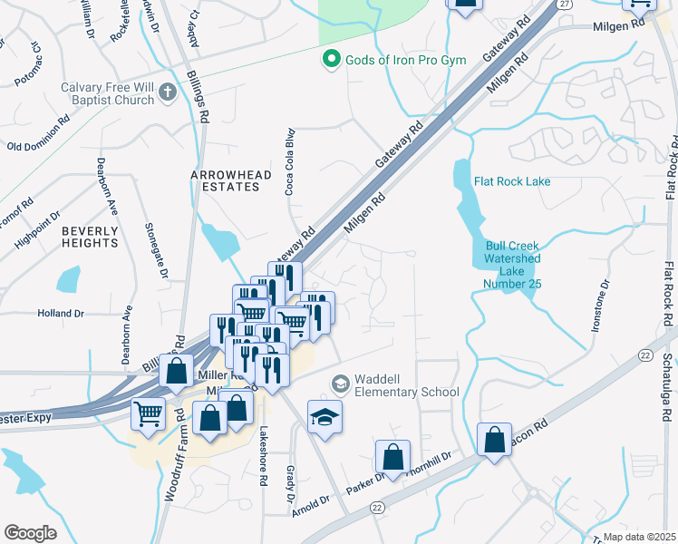 map of restaurants, bars, coffee shops, grocery stores, and more near 5800 Milgen Road in Columbus