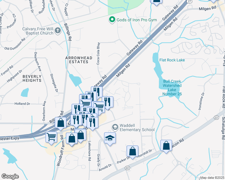 map of restaurants, bars, coffee shops, grocery stores, and more near 5800 Milgen Road in Columbus
