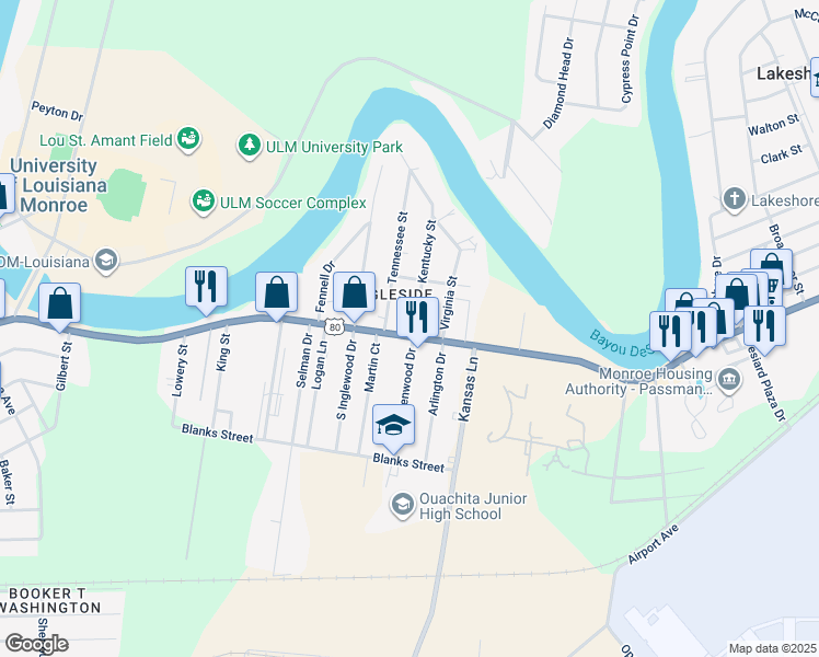 map of restaurants, bars, coffee shops, grocery stores, and more near 5790 Desiard St in Monroe