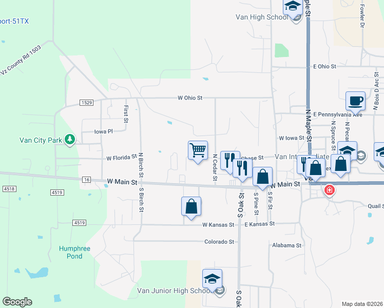 map of restaurants, bars, coffee shops, grocery stores, and more near 230 Private Road 8419 in Van