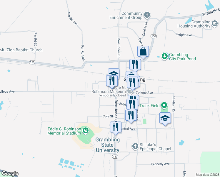 map of restaurants, bars, coffee shops, grocery stores, and more near 317-339 College Avenue in Grambling