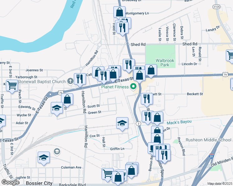 map of restaurants, bars, coffee shops, grocery stores, and more near 706 Dickerson Street in Bossier City
