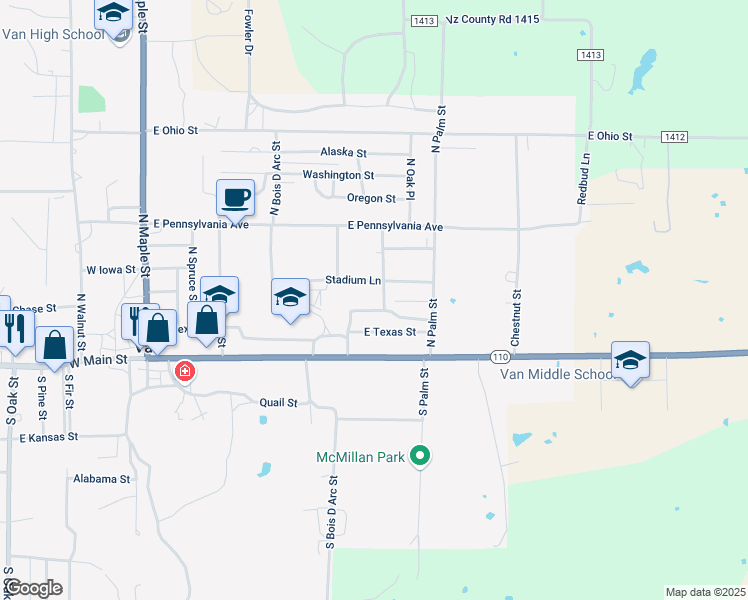 map of restaurants, bars, coffee shops, grocery stores, and more near 209 Olive Street in Van