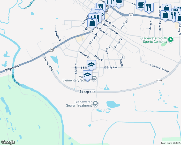 map of restaurants, bars, coffee shops, grocery stores, and more near 314 East Saunders Street in Gladewater