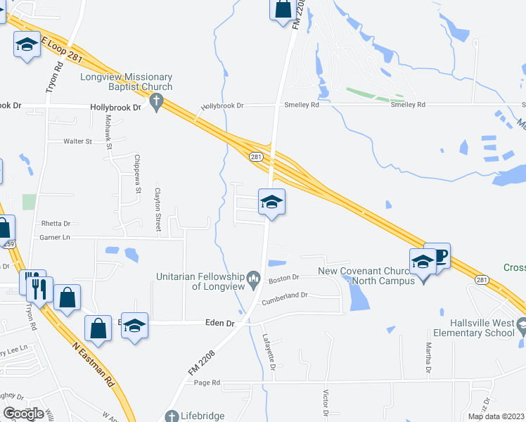 map of restaurants, bars, coffee shops, grocery stores, and more near 1828 Riverstone Lane in Longview