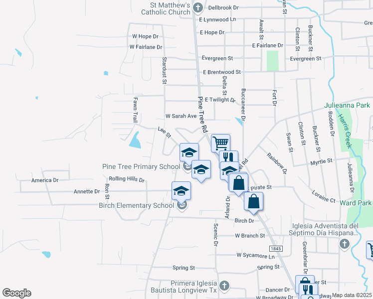 map of restaurants, bars, coffee shops, grocery stores, and more near 1907 Silver Falls Road in Longview
