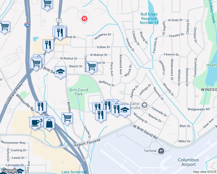 map of restaurants, bars, coffee shops, grocery stores, and more near 5539 Perry Avenue in Columbus