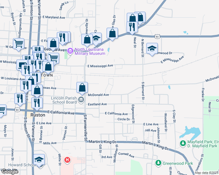 map of restaurants, bars, coffee shops, grocery stores, and more near 713 McDonald Avenue in Ruston