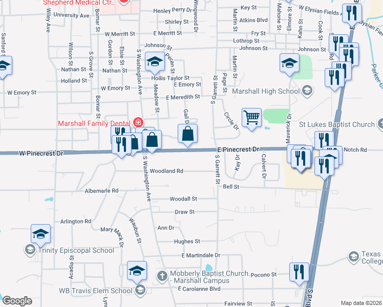 map of restaurants, bars, coffee shops, grocery stores, and more near 403 Woodlawn Estates in Marshall