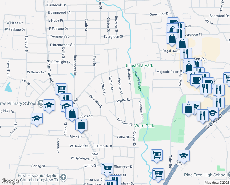 map of restaurants, bars, coffee shops, grocery stores, and more near 1803 Clinton Street in Longview