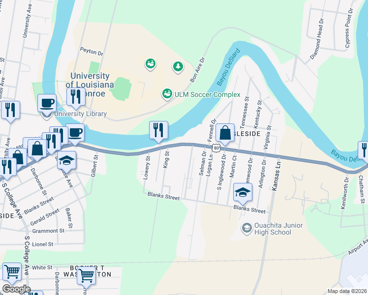 map of restaurants, bars, coffee shops, grocery stores, and more near 5312 Desiard Street in Monroe
