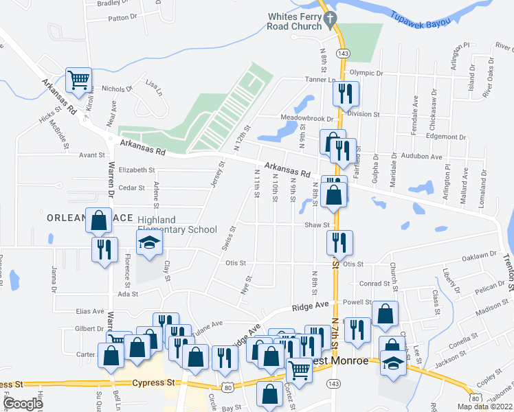map of restaurants, bars, coffee shops, grocery stores, and more near 2610 North 11th Street in West Monroe