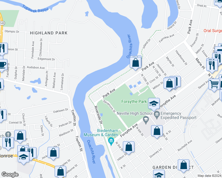 map of restaurants, bars, coffee shops, grocery stores, and more near 502 McKinley Avenue in Monroe