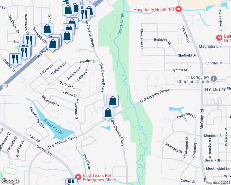 map of restaurants, bars, coffee shops, grocery stores, and more near 2300 Bill Owens Parkway in Longview