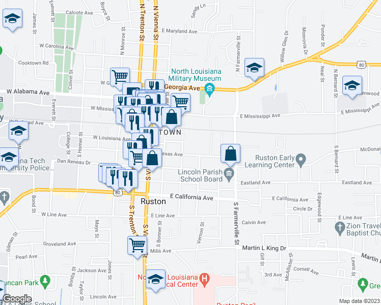 map of restaurants, bars, coffee shops, grocery stores, and more near 305 East Texas Avenue in Ruston