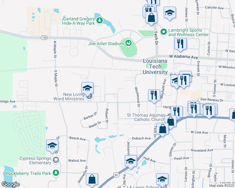 map of restaurants, bars, coffee shops, grocery stores, and more near 401 University Street in Ruston