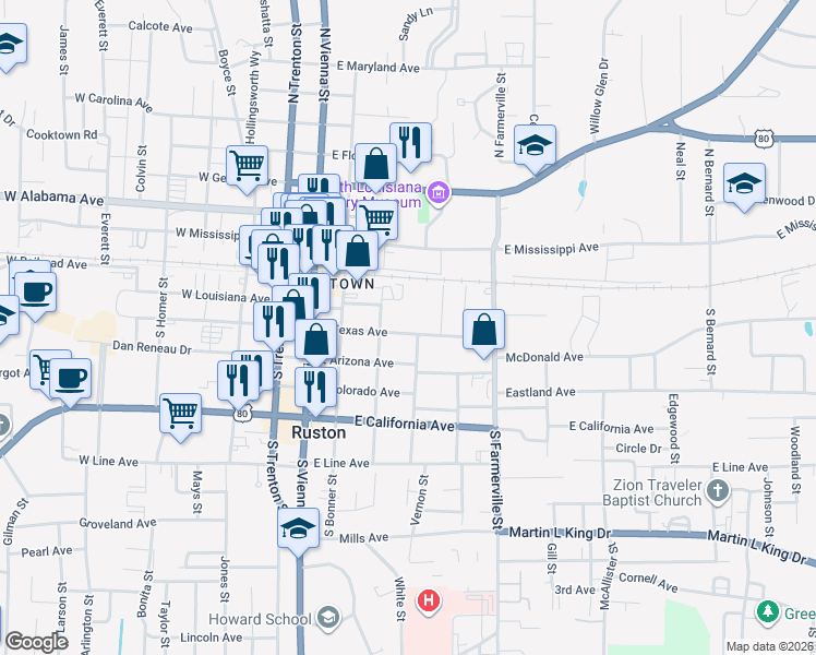 map of restaurants, bars, coffee shops, grocery stores, and more near 307 Vernon Street in Ruston