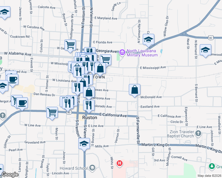 map of restaurants, bars, coffee shops, grocery stores, and more near 307 South Sparta Street in Ruston