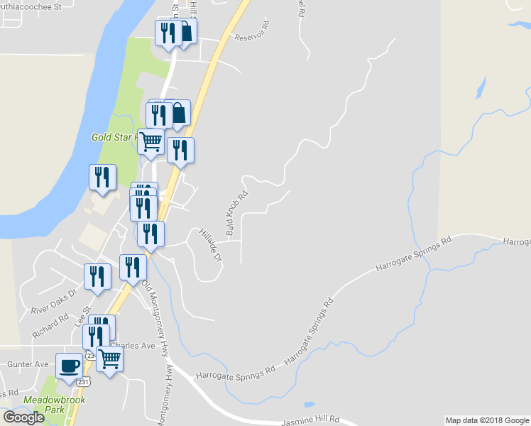 map of restaurants, bars, coffee shops, grocery stores, and more near 170 Indian Hill Drive in Wetumpka