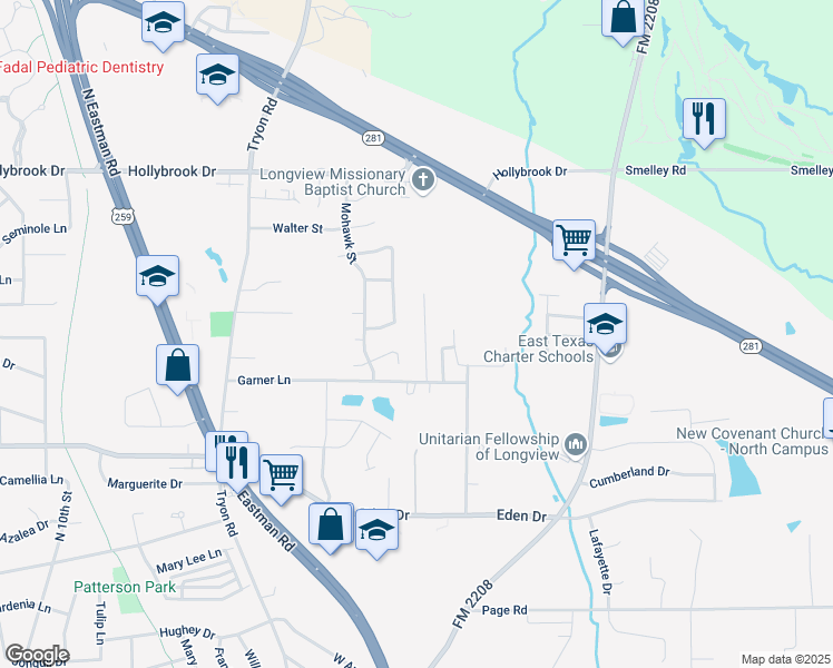 map of restaurants, bars, coffee shops, grocery stores, and more near 2407 Clayton Street in Longview