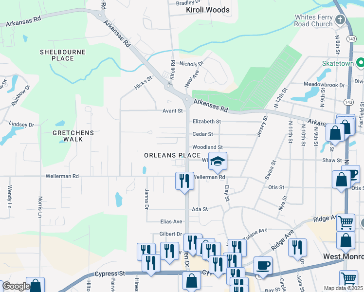 map of restaurants, bars, coffee shops, grocery stores, and more near 1000-1042 Warren Drive in West Monroe